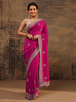 Libas - Pink Floral Zari Embellished Saree With Embellished Border with Unstitched Blouse