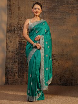 Libas - Green Floral Zari Embellished Saree With Embellished Border with Unstitched Blouse