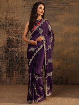 Libas - Purple Floral Beads Embellished Saree With Embellished Border with Unstitched Blouse