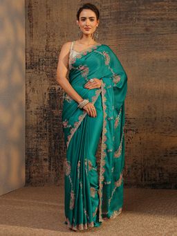 Libas - Green Floral Beads Embellished Saree With Embellished Border with Unstitched Blouse