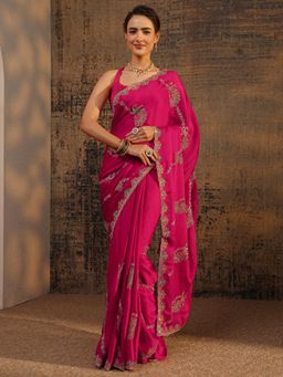 Libas - Pink Floral Beads Embellished Saree With Embellished Border with Unstitched Blouse