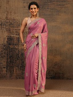 Libas - Pink Floral Beads Saree With Floral Beads Border with Unstitched Blouse