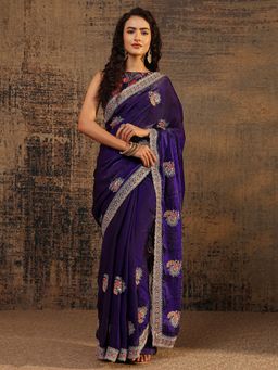 Libas - Purple Floral Beads Embellished Saree With Embellished Border with Unstitched Blouse