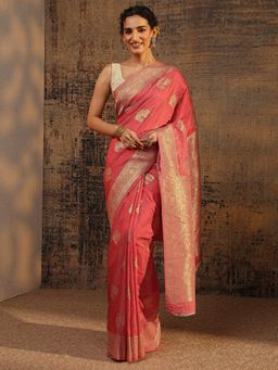 Libas - Peach Floral Woven Design Saree With Zari Woven Design Border with Unstitched Blouse