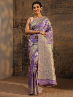 Libas - Purple Floral Zari Woven Design Saree With Woven Design Border with Unstitched Blouse