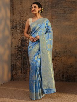 Libas - Blue Floral Zari Woven Design Saree With Woven Design Border with Unstitched Blouse