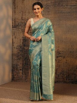 Libas - Green Floral Zari Woven Design Saree With Woven Design Border with Unstitched Blouse