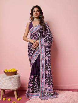 VAIRAGEE - Anokhi Purple Georgette Embroidered Work Saree with Unstitched Blouse
