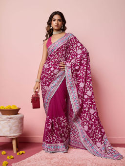 VAIRAGEE - Anokhi Magenta Georgette Embroidered Work Saree with Unstitched Blouse