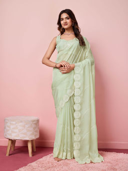 VAIRAGEE - Rashmika Olive Organza Embroidered Work Saree with Unstitched Blouse