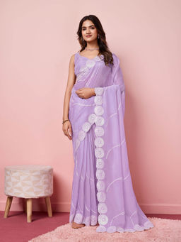 VAIRAGEE - Rashmika Lavender Organza Embroidered Work Saree with Unstitched Blouse