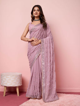 VAIRAGEE - Dimri Mauve Georgette Embroidered Work Saree with Unstitched Blouse