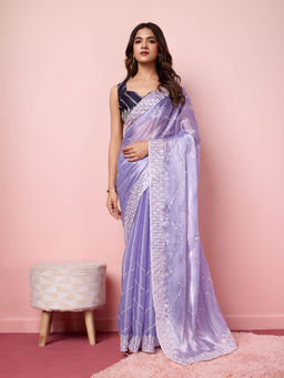VAIRAGEE - Dipali Blue Silk Blend Embroidered Work Saree with Unstitched Blouse