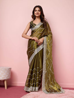 VAIRAGEE - Dipali Green Silk Blend Embroidered Work Saree with Unstitched Blouse