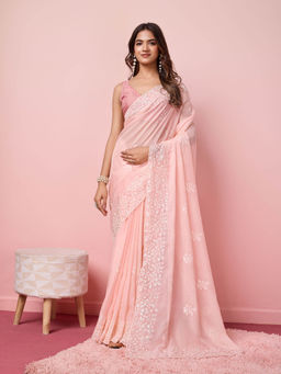 VAIRAGEE - Pankhudi Peach Organza Embroidered Work Saree with Unstitched Blouse