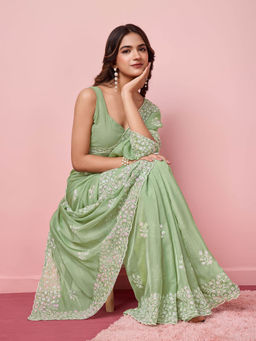 VAIRAGEE - Pankhudi Olive Organza Embroidered Work Saree with Unstitched Blouse