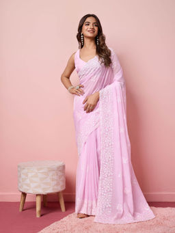 VAIRAGEE - Pankhudi Pink Organza Embroidered Work Saree with Unstitched Blouse