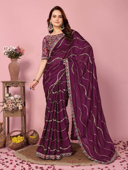 VAIRAGEE - Balaji Wine Silk Blend Embroidered Work Saree with Unstitched Blouse