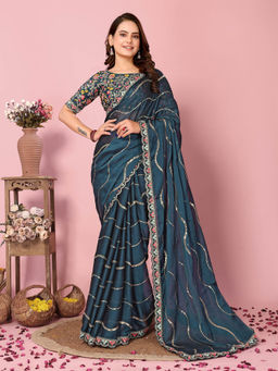 VAIRAGEE - Balaji Teal Silk Blend Embroidered Work Saree with Unstitched Blouse