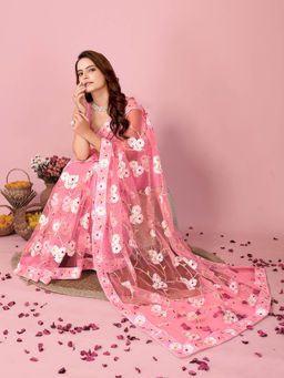 VAIRAGEE - Vaamika Pink Soft Net Embroidered Work Saree with Unstitched Blouse