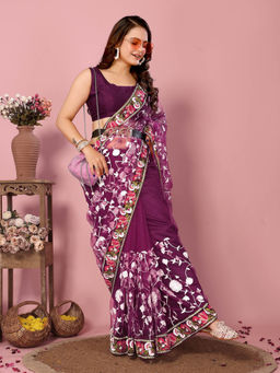 VAIRAGEE - Vaamika Purple Soft Net Embroidered Work Saree with Unstitched Blouse