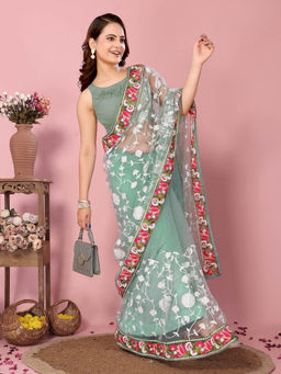 VAIRAGEE - Vaamika Olive Soft Net Embroidered Work Saree with Unstitched Blouse