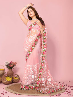 VAIRAGEE - Vaamika Pink Soft Net Embroidered Work Saree with Unstitched Blouse