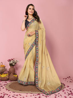 VAIRAGEE - Kinjal Beige Organza Embroidered Work Saree with Unstitched Blouse