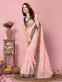 VAIRAGEE - Kinjal Pink Organza Embroidered Work Saree with Unstitched Blouse