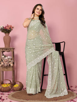 VAIRAGEE - Kilory Olive Georgette Embroidered Work Saree with Unstitched Blouse