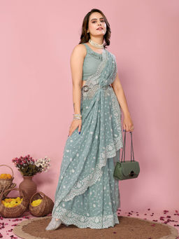 VAIRAGEE - Kilory Blue Georgette Embroidered Work Saree with Unstitched Blouse