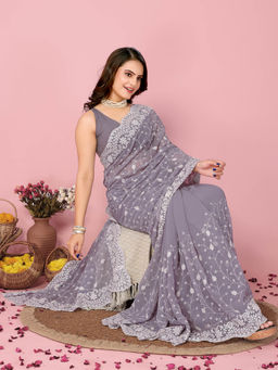 VAIRAGEE - Kilory Grey Georgette Embroidered Work Saree with Unstitched Blouse
