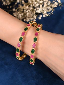 Ratnavali Jewels - Gold Plated Pink & Green Ad Studded Single Line Bangles (Set Of 2)