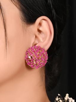 Ratnavali Jewels - Gold Plated CZ AD Studded Pink Marquise Big Round Stud Tops Earrings