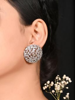 Ratnavali Jewels - Silver Plated CZ AD Studded White Marquise Big Round Stud Tops Earrings