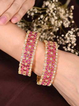 Ratnavali Jewels - Gold Plated Red Ad Studded Dazzling Bangles (Set Of 2)