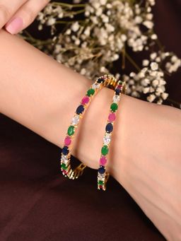 Ratnavali Jewels - Gold Plated Multi Stone Ad Studded Dazzling Bangles (Set Of 2)