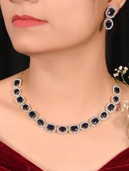 Ratnavali Jewels - Gold Plated CZ AD Studded Blue Necklace Jewellery Set with Earrings