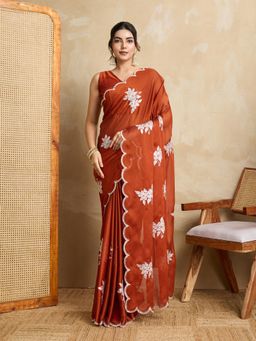 Gahan - Rust Clr Soft Silk Beads Work Saree with Plain Unstitched Blouse