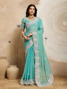 Gahan - Blue Moss Chiffon Work Saree with Unstitched Blouse