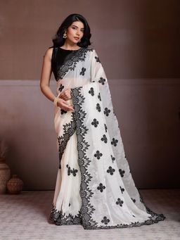 Gahan - White Fendy Chiffon Silk Embroidery Work Saree with Unstitched Blouse