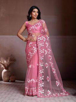 Gahan - Peach Clr Soft Net Chikankari Saree with Unstitched Blouse