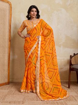 Gahan - Yellow Soft Georgette Bandhej Print Embroidery Saree with Unstitched Blouse