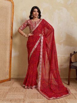 Gahan - Red Soft Georgette Bandhej Print Embroidery Saree with Unstitched Blouse