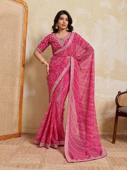 Gahan - Pink Soft Georgette Bandhej Print Embroidery Saree with Unstitched Blouse