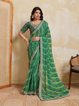 Gahan - Green Soft Georgette Bandhej Print Embroidery Saree with Unstitched Blouse
