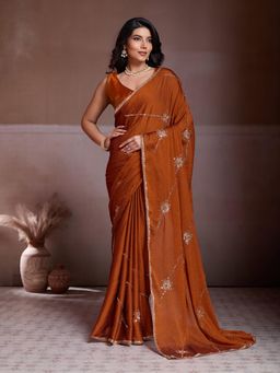 Gahan - Rust Clr Soft Silk Beads Work Saree with Plain Unstitched Blouse