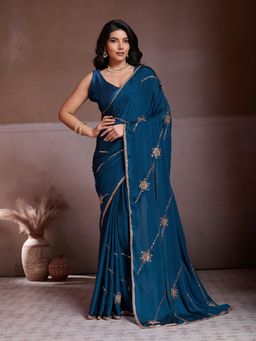 Gahan - Teal Clr Soft Silk Beads Work Saree with Plain Unstitched Blouse