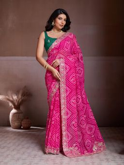 Gahan - Pink Soft Georgette Bandhej Print Embroidery Saree with Unstitched Blouse