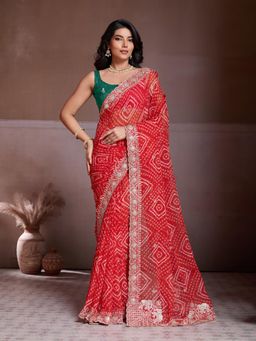 Gahan - Red Soft Georgette Bandhej Print Embroidery Saree with Unstitched Blouse